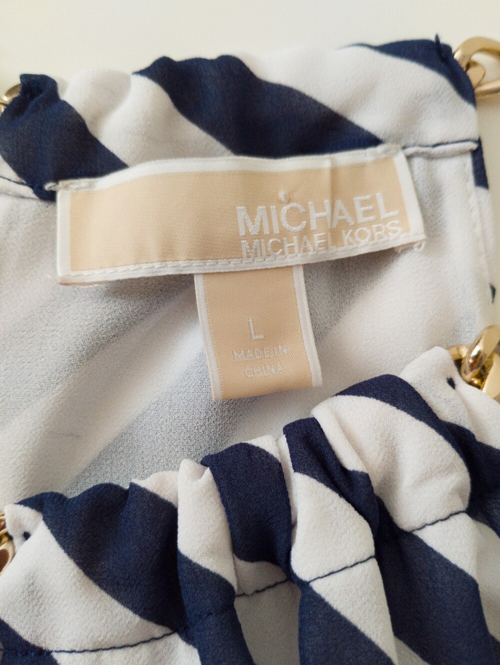 Michael Kors Blue White Diagonal Stripe Chain Halter Dress Size Large Nautical - Picture 3 of 9